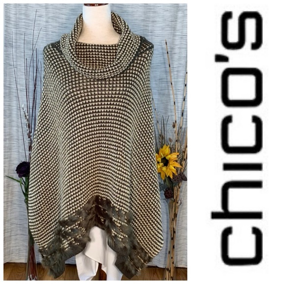 Chico's Sweaters - Chico’s green and gold poncho with cowl neck and faux fur hem.